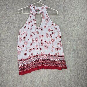 Francescas Womens Floral Print Halter Top White & Red Boho Style S